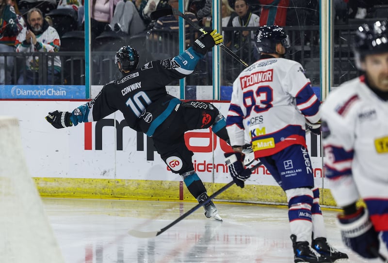 Belfast Giants’ Scott Conway celebrates scoring against Dundee Stars during Saturday night’s Challenge Cup at the SSE Arena, Belfast
Picture: William Cherry/Presseye