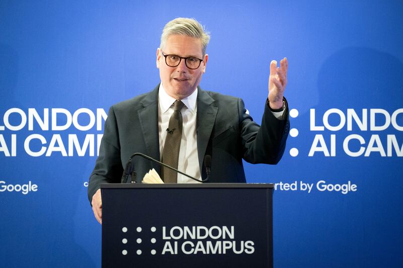 Prime Minister Sir Keir Starmer gives a speech during a visit to Google’s new AI Campus in Somers Town, north-west London