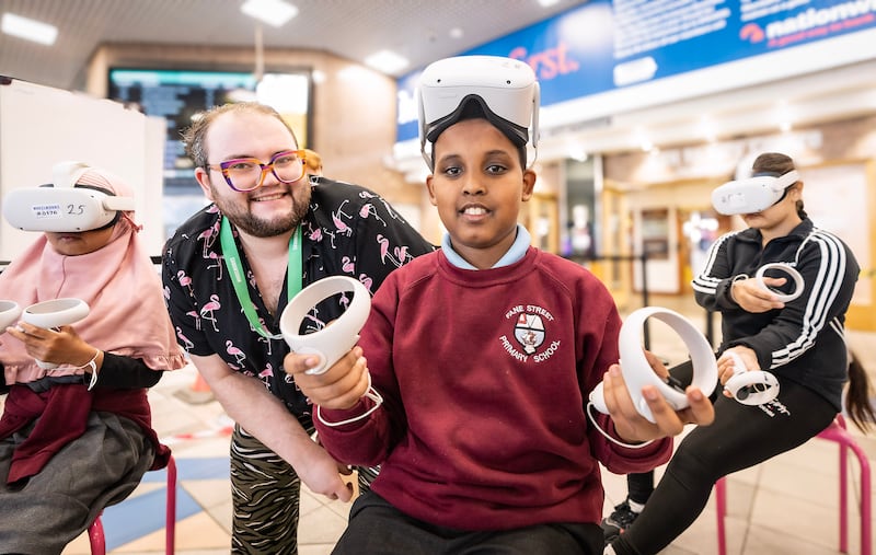 Muhammad Kabdulahi from Fane Street PS and Kit Rees, Wheelworks enjoyed the Wheelworks Children’s Art Workshops in the Europa Bus Centre on Friday