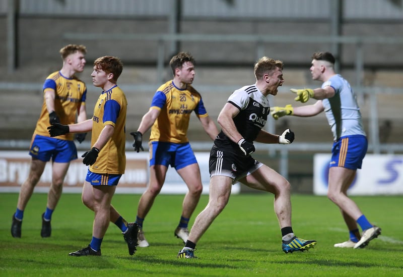 Aaron Morgan celebrates a Kilcoo goal during his side's Ulster Club SFC semi-final win over Enniskillen Gaels at the Athletic Grounds on Saturday    Picture: Philip Walsh