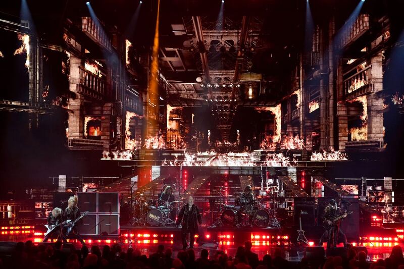 Inductees Judas Priest perform during the Rock & Roll Hall of Fame Induction Ceremony at the Microsoft Theatre in Los Angeles 