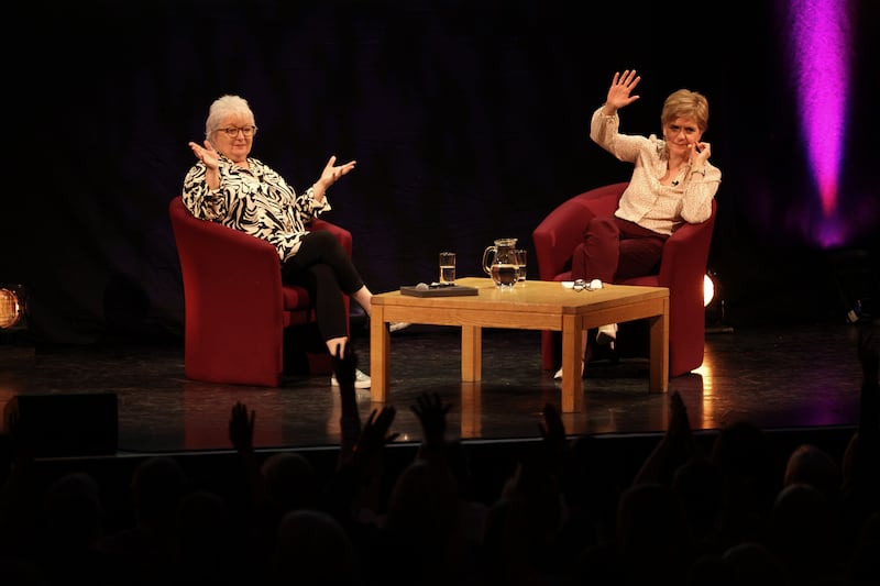 Former first minister Nicola Sturgeon chairs an event with comedian Janey Godley at the Aye Write book festival at the Royal Concert Hall, Glasgow