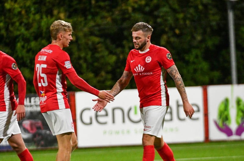 Andy Ryan of Larne adds a second during this Evening’s game at Inver Park, Larne