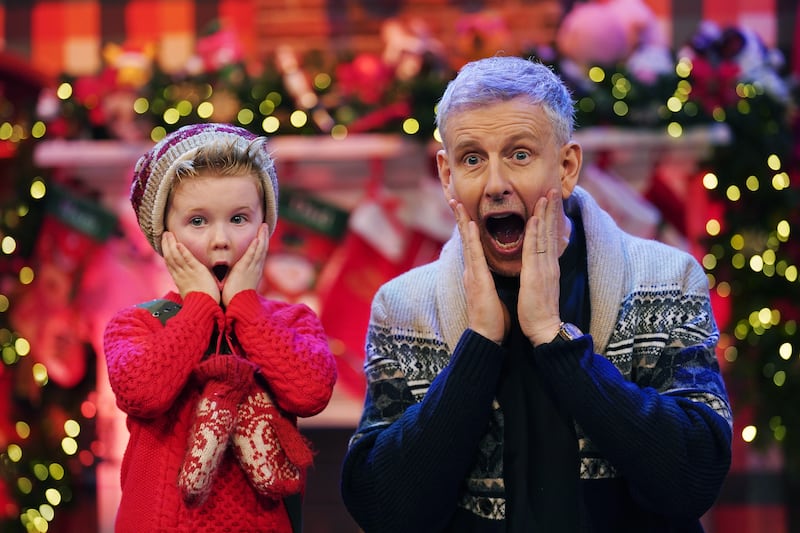 Host of The Late Late Show Patrick Kielty with Louis Hanna, from Dublin, at the unveiling of the theme and set for The Late Late Toy Show, at RTE studios in Dublin