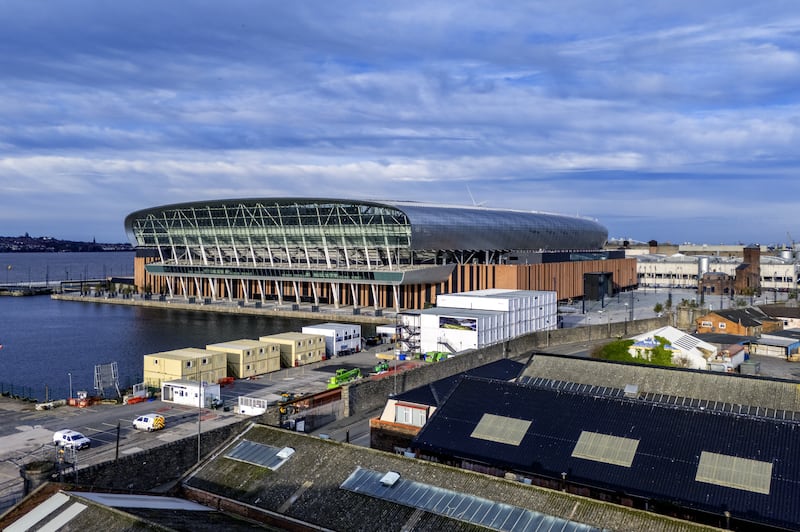 An aerial view of the newly constructed Everton Stadium at Bramley-Moore Dock in Liverpool