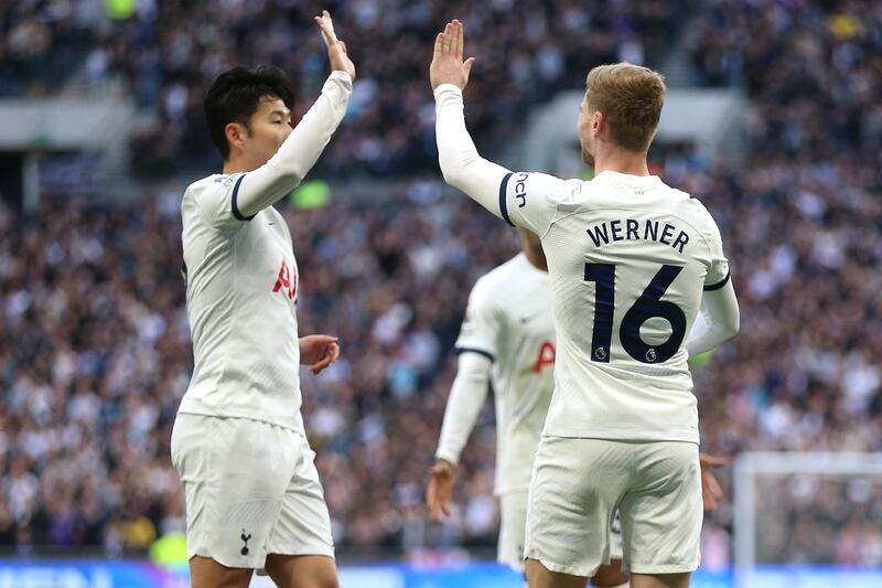 Timo Werner, right, celebrates with Tottenham captain Son Heung-min against Nottingham Forest
