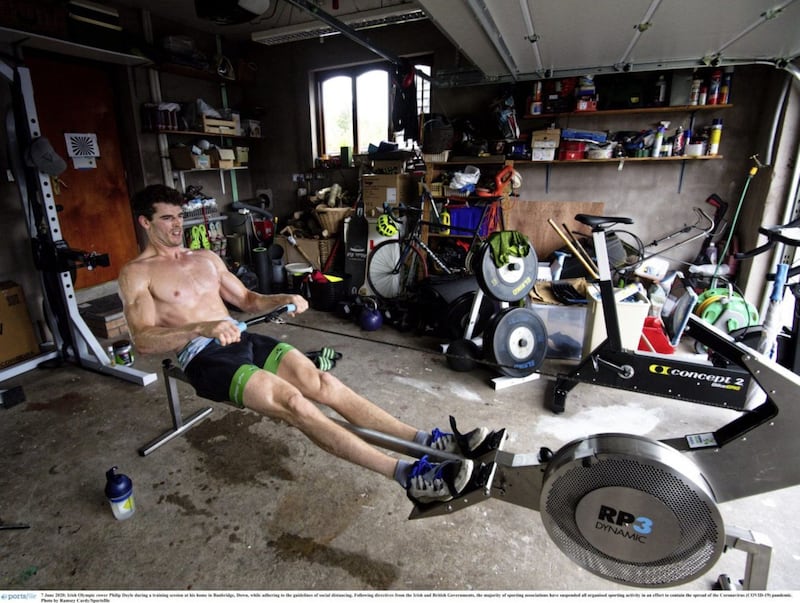 Banbridge rower Philip Doyle pictured training in the garage of his parents&#39; house before eventually joining his Irish team-mates at the National Rowing Centre in Cork at the end of last year. Picture by Sportsfile 