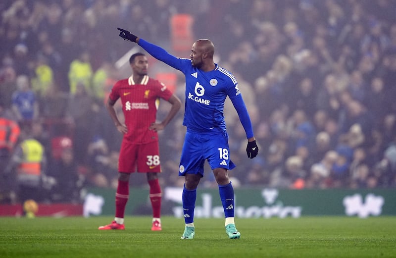 Jordan Ayew celebrates after putting Leicester in front