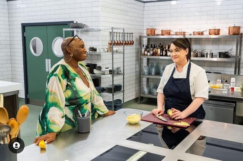 Chef Gemma Austin on set of the Great British Menu with presenter Andi Oliver 