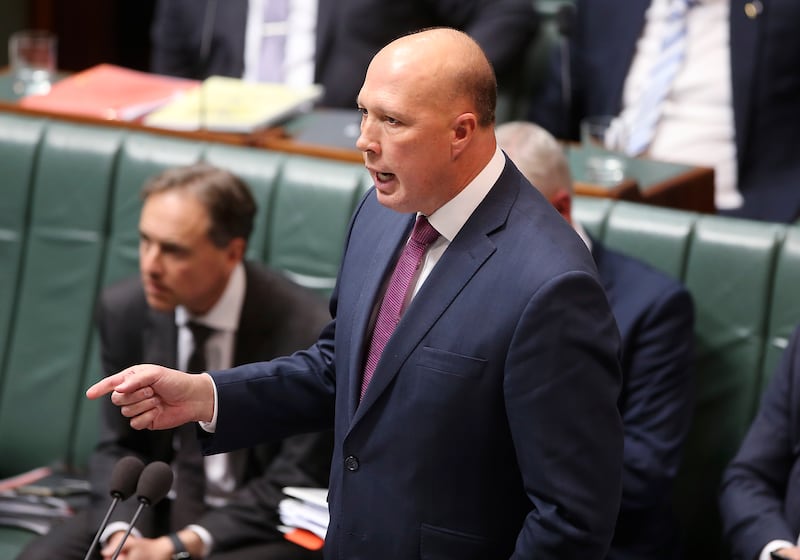 Australia’s then defense minister Peter Dutton addresses Parliament House in Canberra (Rod McGuirk/AP)