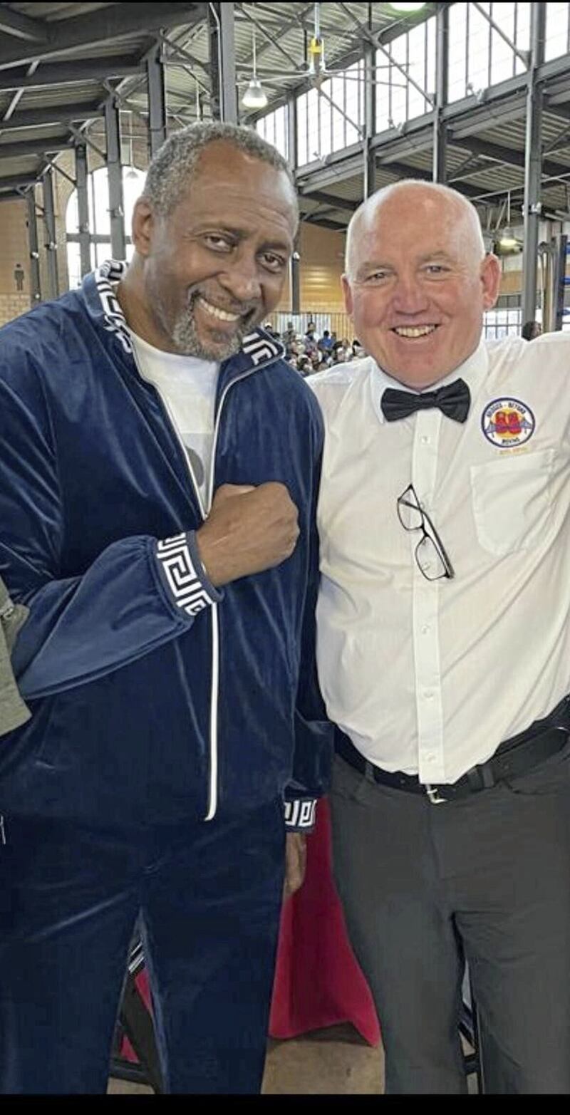 Ex-Irish international Joe Lowe pictured with former world champion Tommy &#39;Hitman&#39; Hearn before Sunday&#39;s Bridges Beyond Boxing fight night in Detroit 