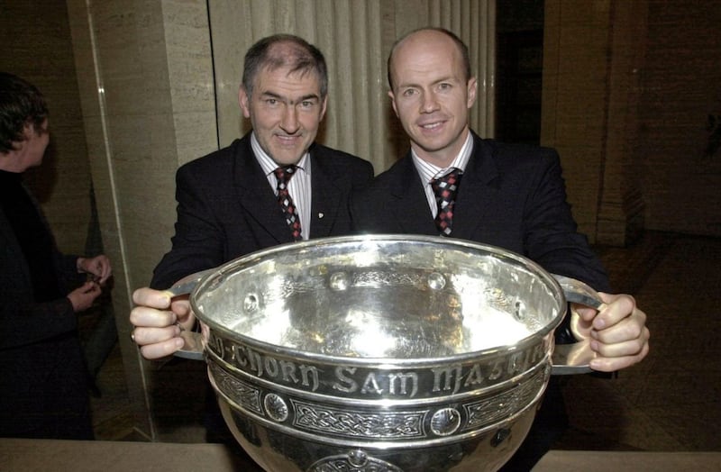 Tyrone GAA football manager, Mickey Harte (left) and his captain, Peter Canavan, at a function at Stormont, Belfast, Northern Ireland, to mark their victory in this year's All Ireland final.. 