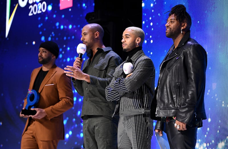 Hosts Oritse Williams, Marvin Humes, Aston Merrygold and JB Gill (JLS) on stage at the Global Awards 2020