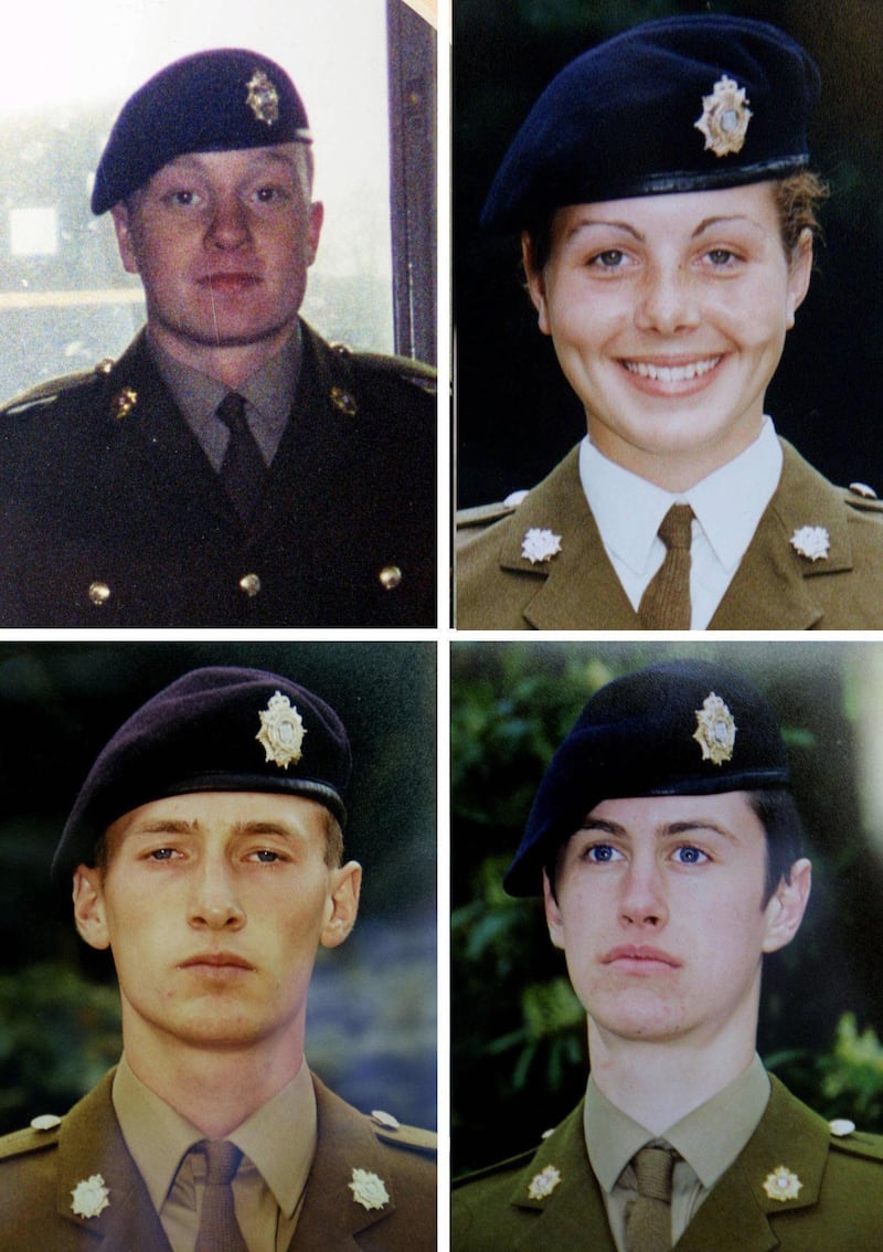 Clockwise from left to right, Private James Collinson, Private Cheryl James, Private Sean Benton and Private Geoff Gray, who all died at Deepcut Army barracks in Surrey