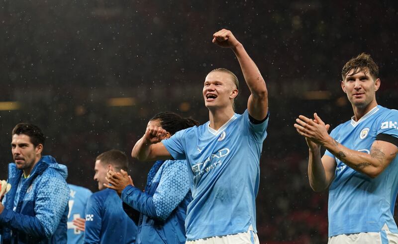 Erling Haaland leads the celebrates after Manchester City’s 3-0 victory at Old Trafford earlier this season