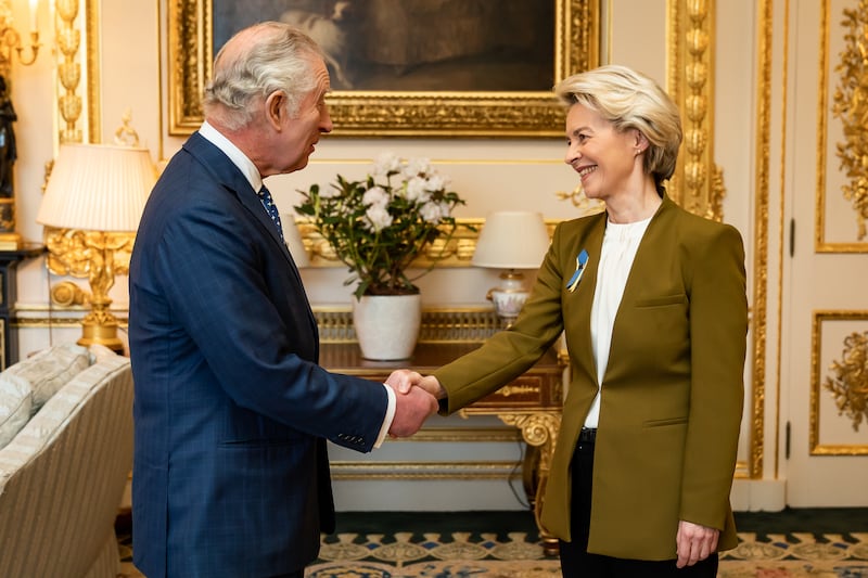 The King with European Commission president Ursula von der Leyen at Windsor Castle on the day the Windsor Framework post-Brexit deal was agreed