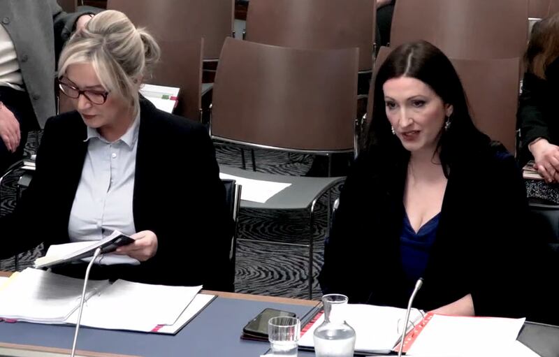 Stormont First Minister Michelle O’Neill (left) and deputy First Minister Emma Little-Pengelly appearing before the Executive Office committee at Stormont