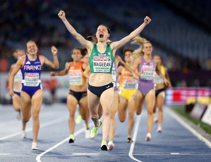 Ciara Mageean celebrates her golden moment as she swept across the line in first place at June's European Championships in Rome. Photo by Michael Steele/Getty Images