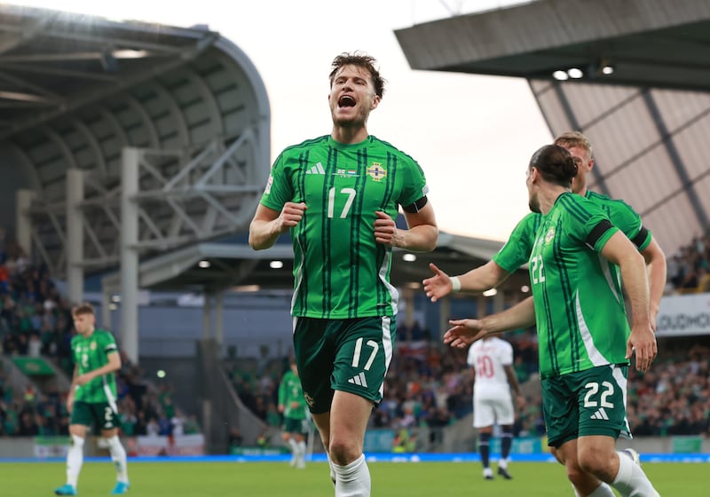 Paddy McNair celebrates scoring Northern Ireland’s opener against Luxembourg