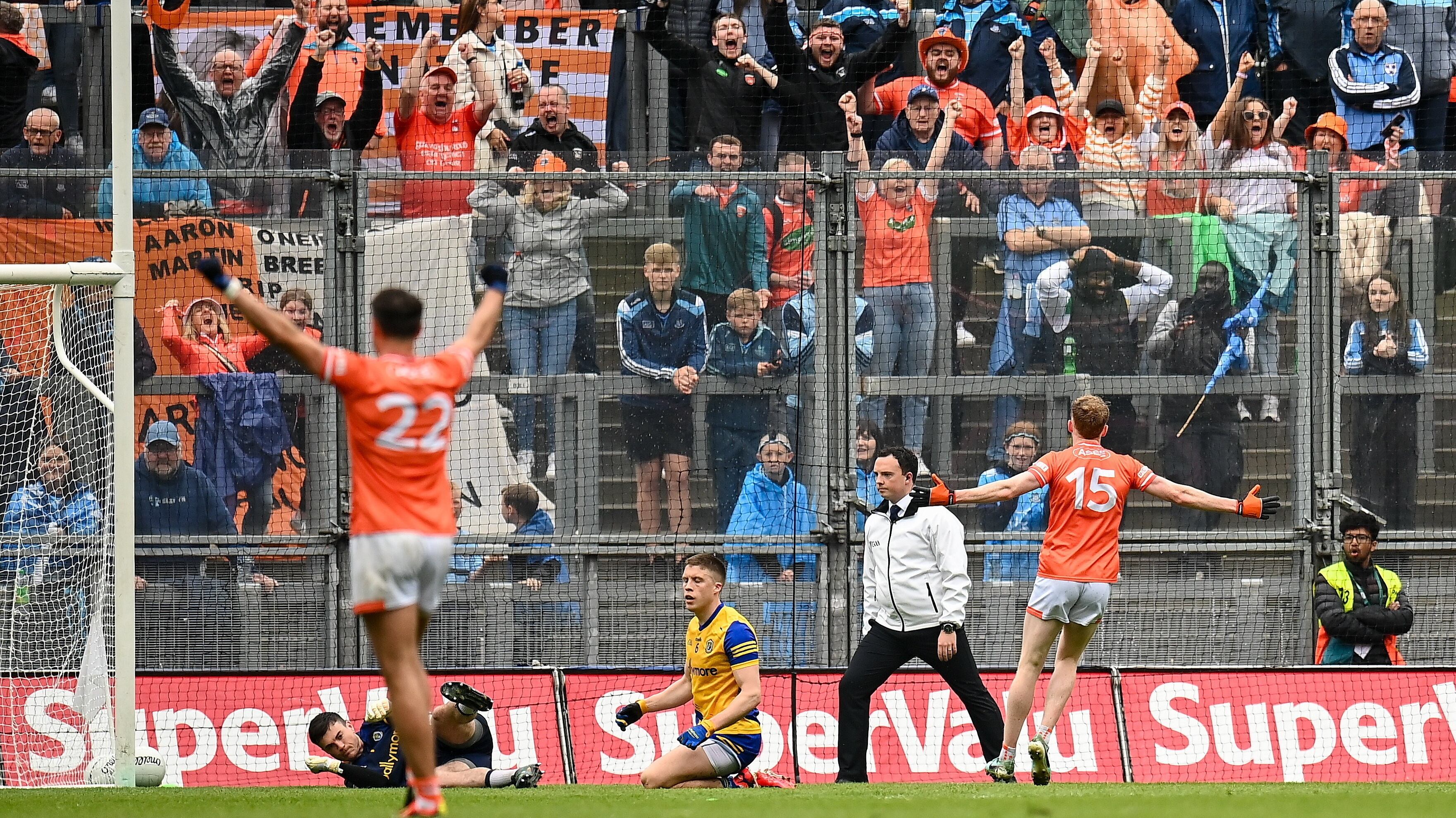 Conor Turbitt celebrates his second half goals with joyous Armagh fans on Hill 16. Picture: Sportsfile