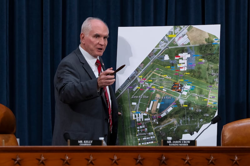 Chairman Mike Kelly speaks in front of a site map at the first public hearing of a bipartisan congressional task force investigating the assassination attempts against Donald Trump (Ben Curtis/AP)