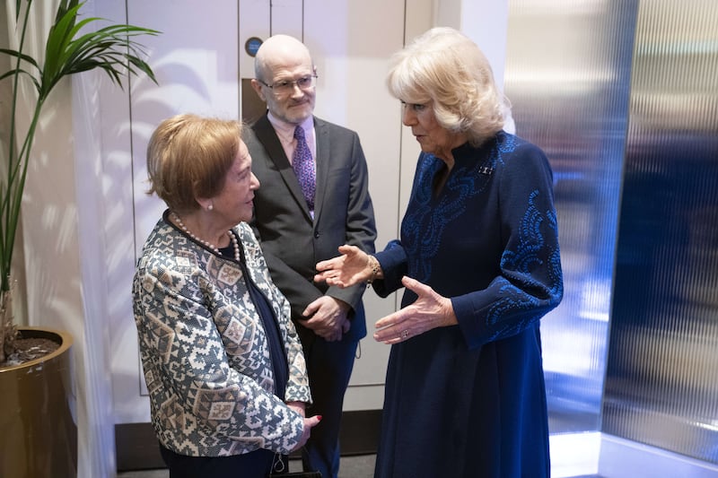 Queen Camilla (right), during a reception hosted by the Anne Frank Trust