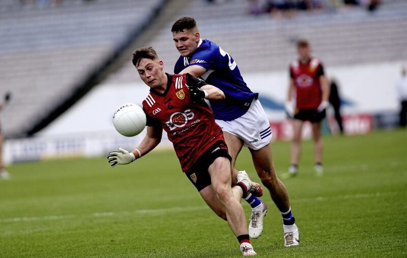 Down coach Mickey Donnelly said that Ceilum Doherty (left) should be OK after going off against Laois due to a head injury. Picture Seamus Loughran 