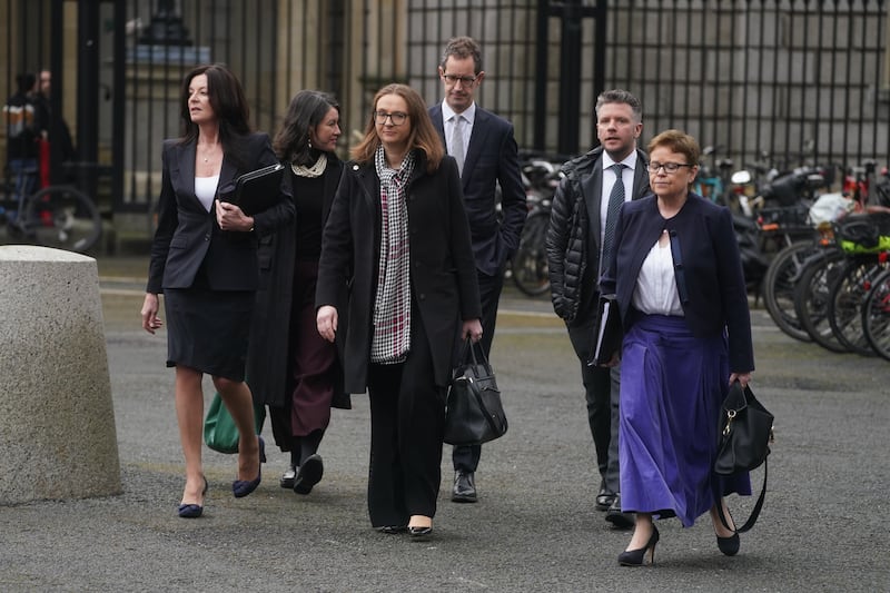 (left to right) RTE board member Anne O’Leary RTE board member Aideen Howard, RTE board member Susan Ahern, RTE deputy director-general Adrian Lynch , RTE board member Daire Hickey and RTE Director of human resources Eimear Cusack arrive at Leinster House, Dublin, ahead of appearing before the Oireachtas joint committee on tourism, culture, arts, sport and media. Picture date: Wednesday February 14, 2024.