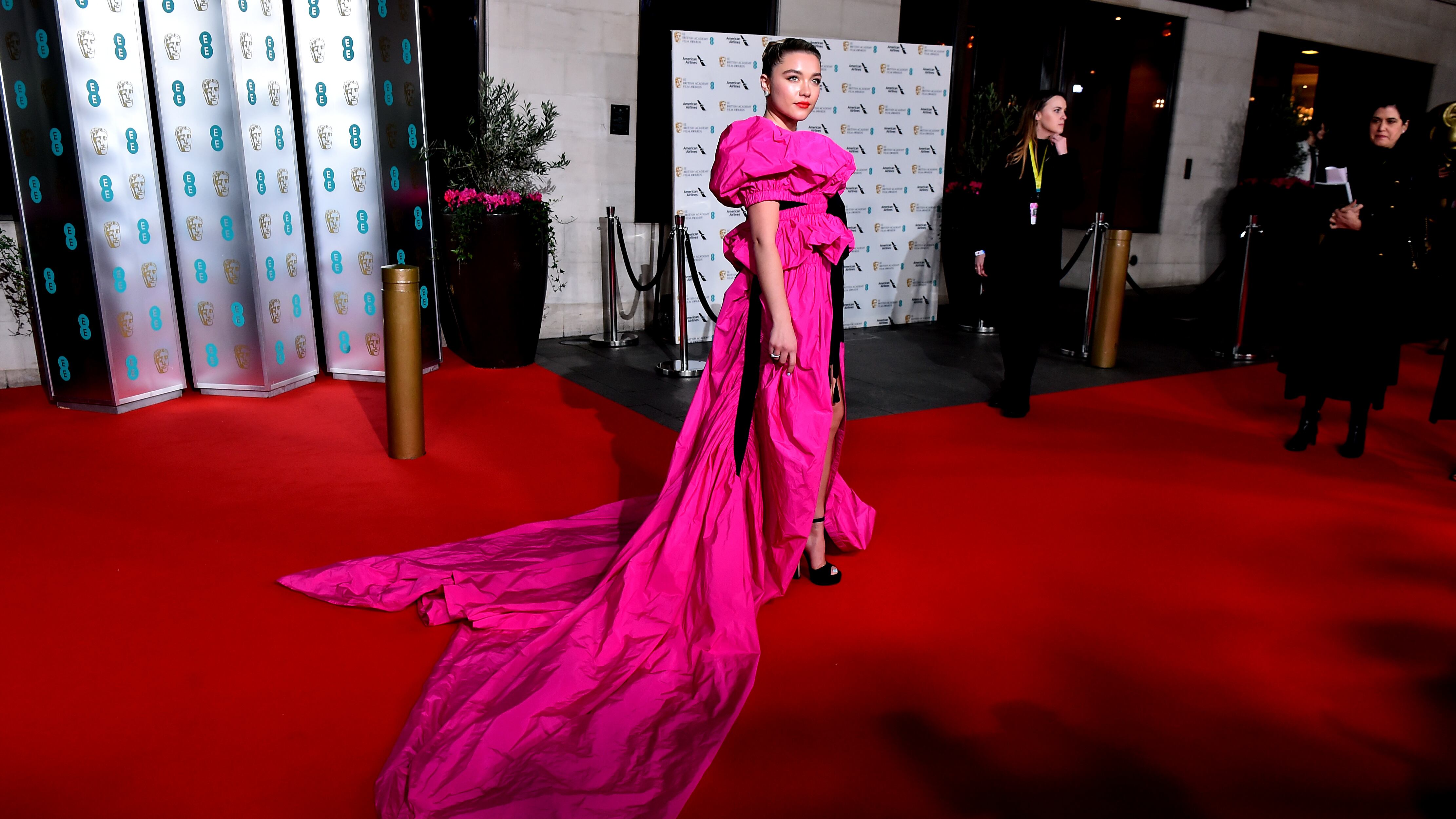 Florence Pugh wore a vibrant Dries Van Noten gown to the 2020 Baftas