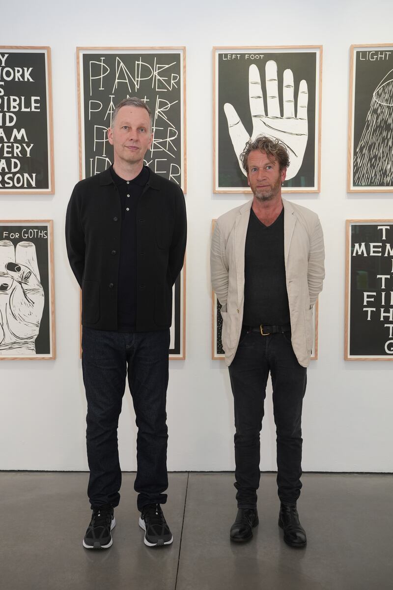 David Shrigley (left) and Michael Schafer at the Jealous Gallery in Shoreditch, London