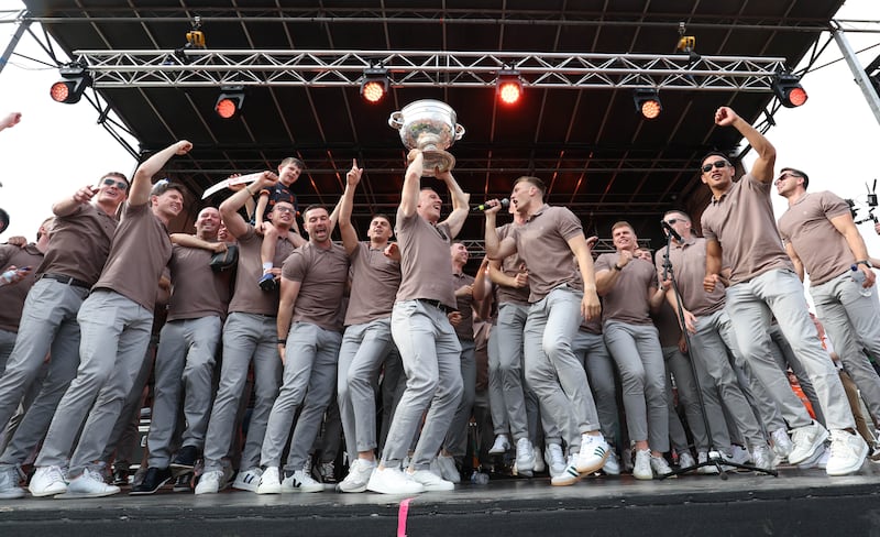 Armagh celebrate  with the fans at the Athletic grounds in Armagh on Monday, after winning the All Ireland.
PICTURE COLM LENAGHAN