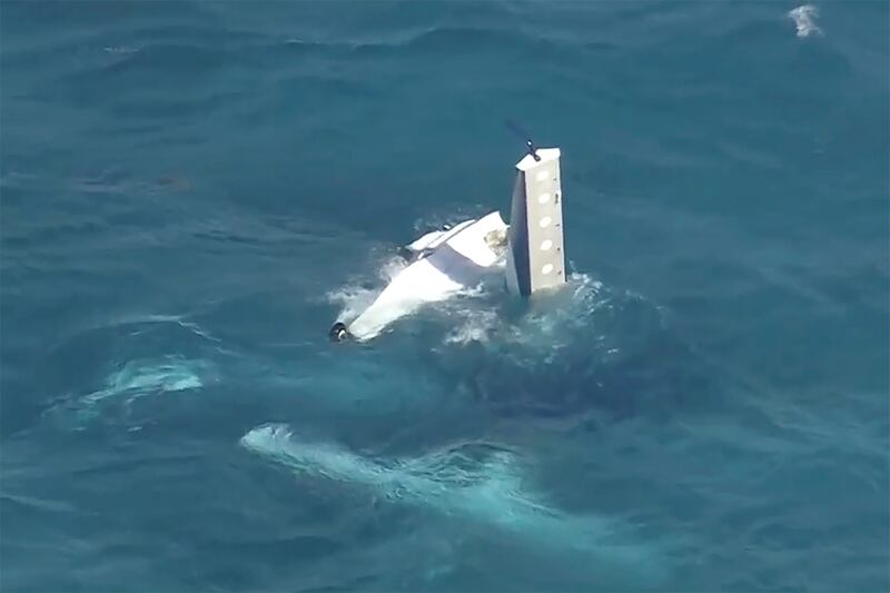 An image from a video provided by Australian Broadcasting Corporation, Channel 7 and Channel 9, shows a fuselage in water off Rottnest Island (ABC/Channel 7/Channel 9/AP)