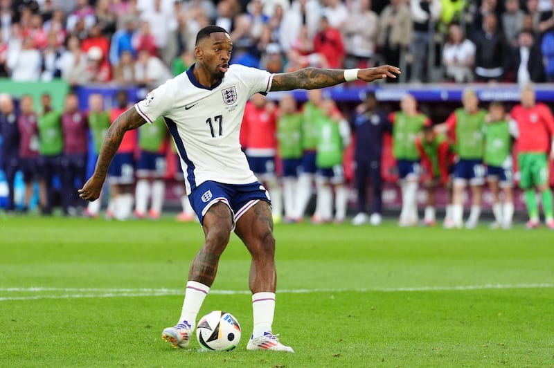 England’s Ivan Toney scores in the penalty shoot-out win over Switzerland