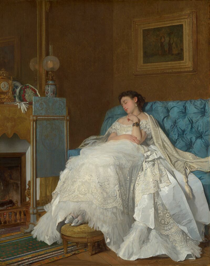 Charles Baugniet’s depiction of a ladyin a ballgown asleep on a sofa