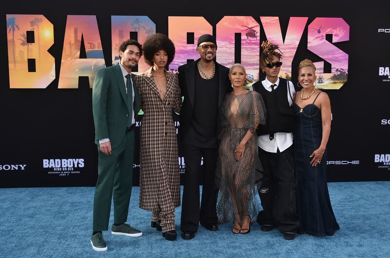 From left to right, Trey Smith, Willow Smith, Will Smith, Jada Pinkett Smith, Jaden Smith and Adrienne Banfield-Norris arrive at the premiere of Bad Boys: Ride Or Die (Richard Shotwell/Invision/AP)