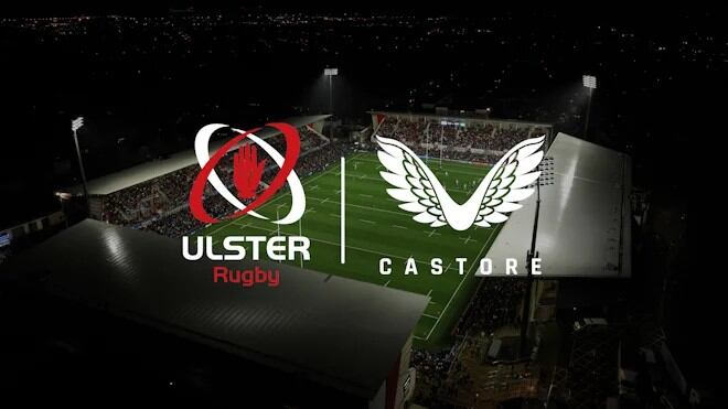 A birds-eye view of Ravenhill with Ulster Rugby and Castore logos over the image