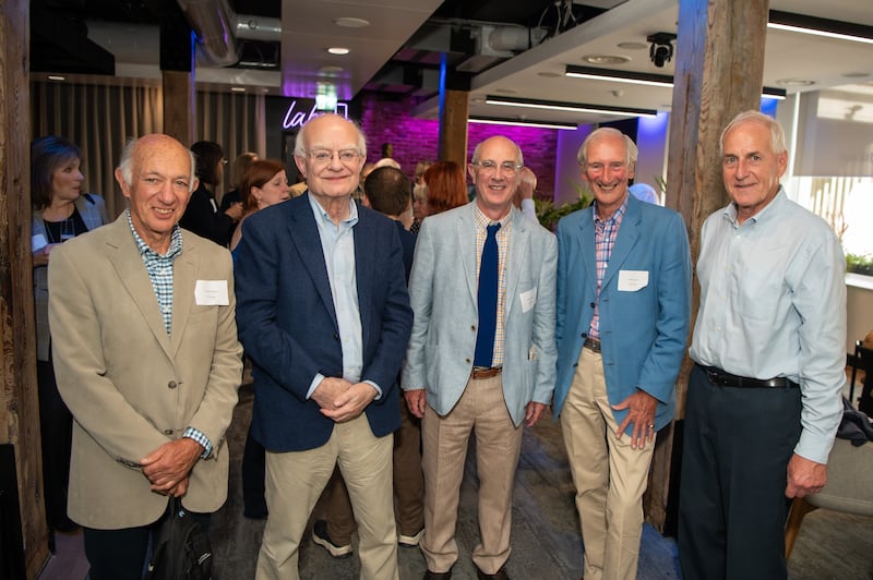 Laurence Bard (far left) pictured with composter John Ritter (left) and two other choristers at the Highgate School and Decca reunion at Dolby Theatre in Soho (Carsten Windhorst)