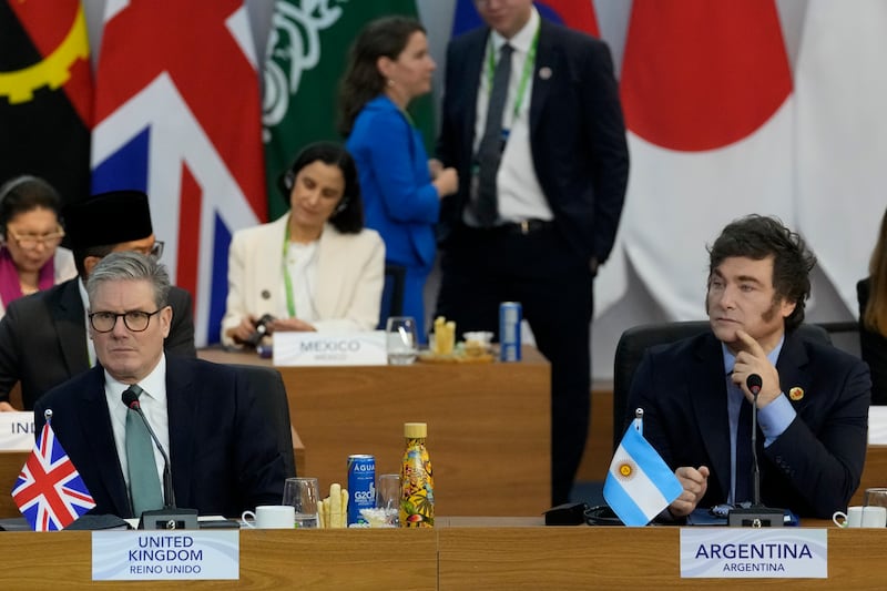 Argentina’s President Javier Milei, right, and Britain’s Prime Minister Keir Starmer (Eraldo Peres/AP)