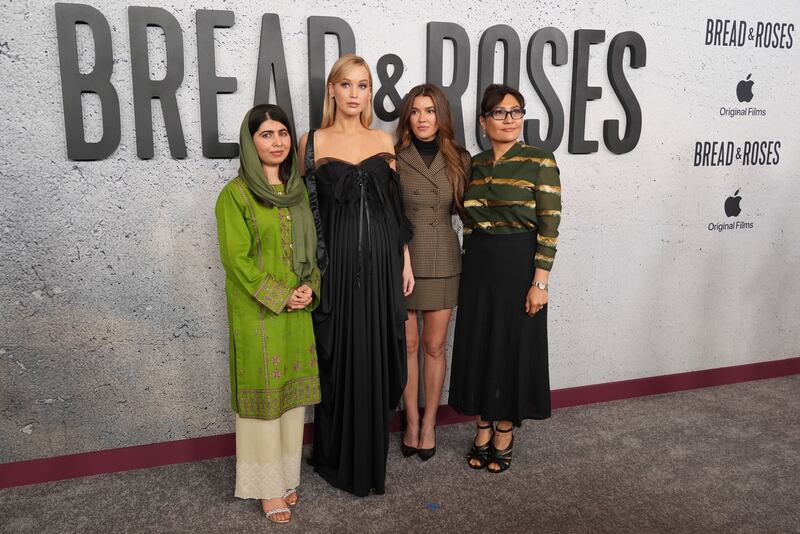 From left, executive producer Malala Yousafzai, producers Jennifer Lawrence and Justine Ciarrocchi, and director Sahra Mani at the premiere of the documentary film Bread & Roses (Chris Pizzello/AP)