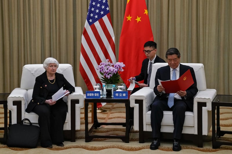 US Treasury Secretary Janet Yellen and Chinese Vice Premier He Lifeng at a one-to-one meeting at the Guangdong Zhudao Guest House in southern China’s Guangdong province (Andy Wong/AP)