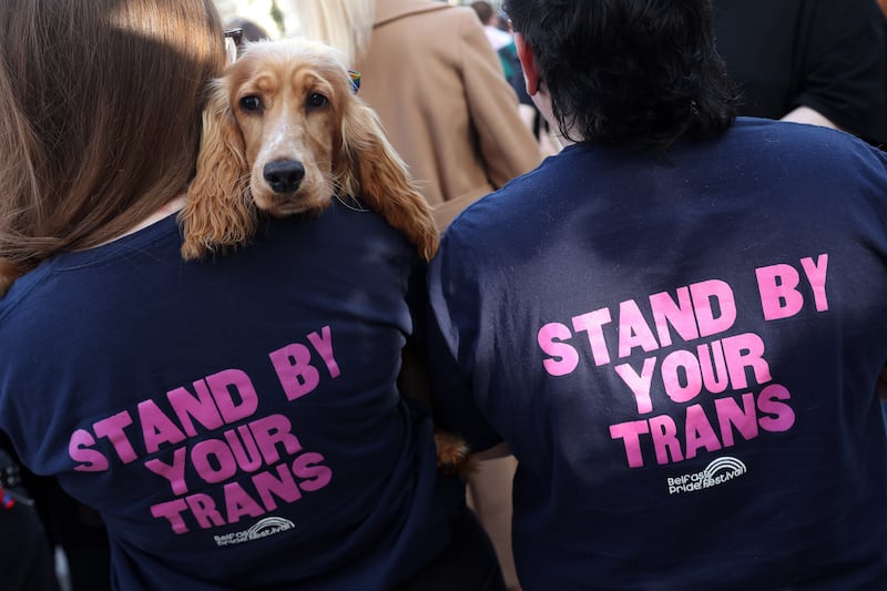 Rally at Belfast City Hall against the ban on puberty blockers . PICTURE: MAL MCCANN