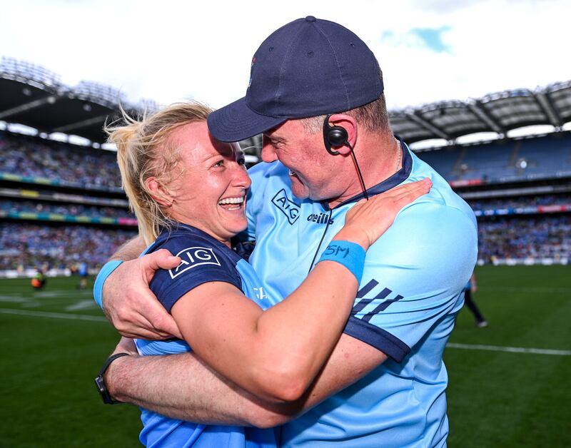 Dublin manager Mick Bohan celebrates with team captain Carla Rowe after their victory in the TG4 LGFA All-Ireland Senior Championship Final against Kerry at Croke Park. Photo by Piaras Ó Mídheach/Sportsfile