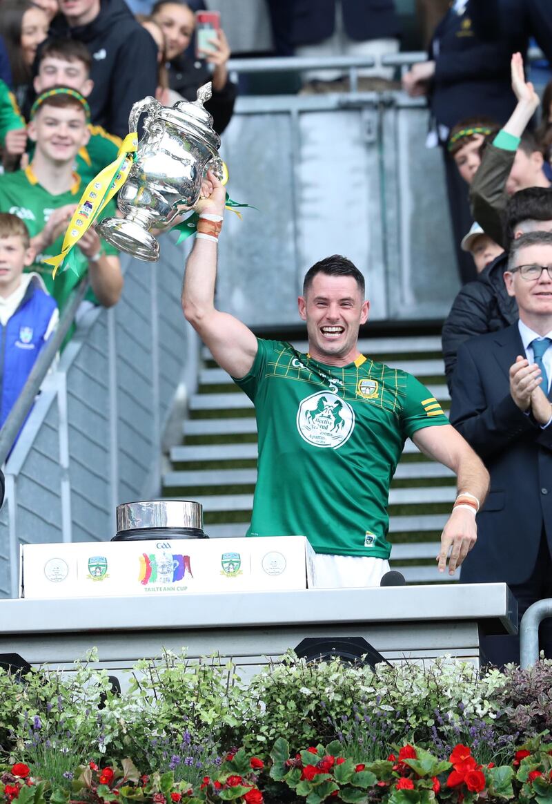 Meath captain Donal Keogan celebrates with the Tailteann Cup. Picture by Philip Walsh