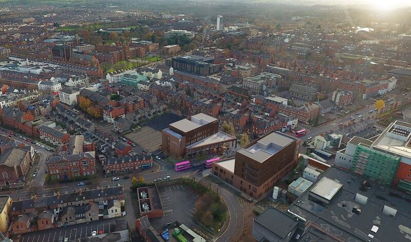 CGI produced in support of QUB's iReach proposal. It shows how the two new buildings would look on either side of the Lisburn Road.
