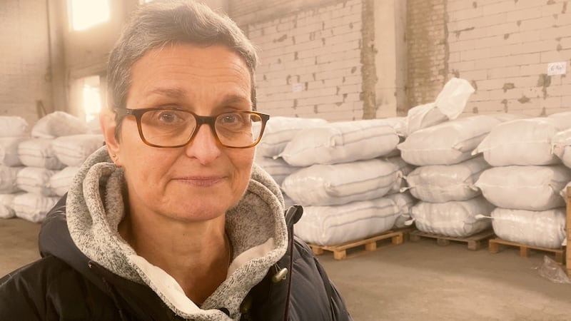 Handout picture of Rachel Harvey, 59, at a warehouse of ShelterBox aid in Ukraine. (ShelterBox)