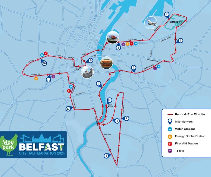 The route of the Moy Park Belfast Half Marathon 2024, which is taking place on Sunday, September 22, 2024.