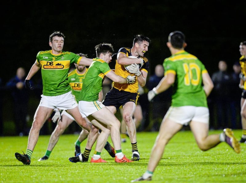 Portglenone&rsquo;s Niall McKeever is surrounded by Dunloy&rsquo;s Ciaran McQuillan and Conal Cunning Picture Mark Marlow 