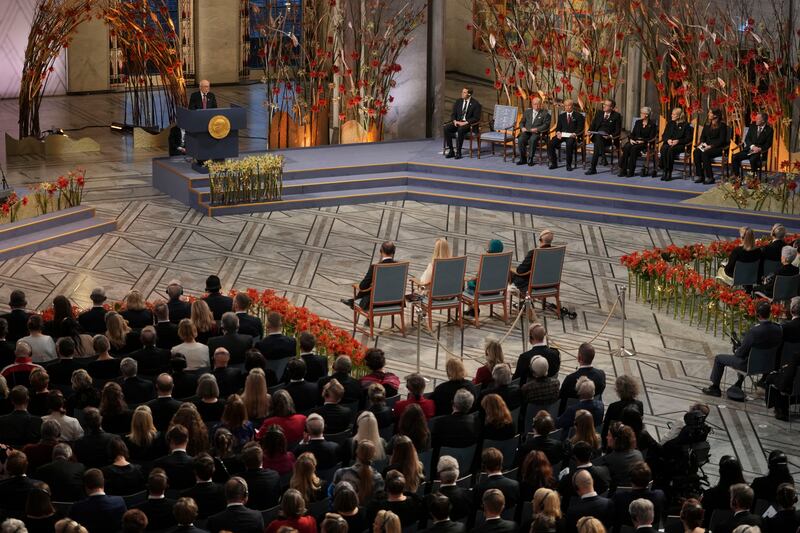 Terumi Tanaka speaks during the Nobel Peace Prize ceremony in Oslo (Kin Cheung/AP)