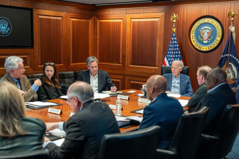 An image provided by the White House shows President Joe Biden, along with members of his national security team, receiving an update on the attacks (Adam Schultz/The White House/AP)