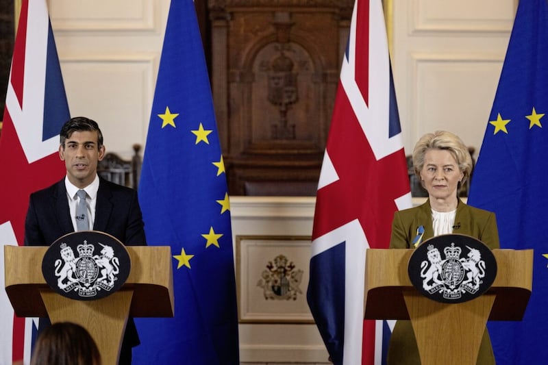 Prime Minister Rishi Sunak and European Commission president Ursula von der Leyen during a press conference at the Guildhall in Windsor, Berkshire, following the announcement that they have struck a deal over the Northern Ireland Protocol. Picture date: Monday February 27, 2023. PA Photo. See PA story POLITICS Brexit. Photo credit should read: Dan Kitwood/PA Wire 